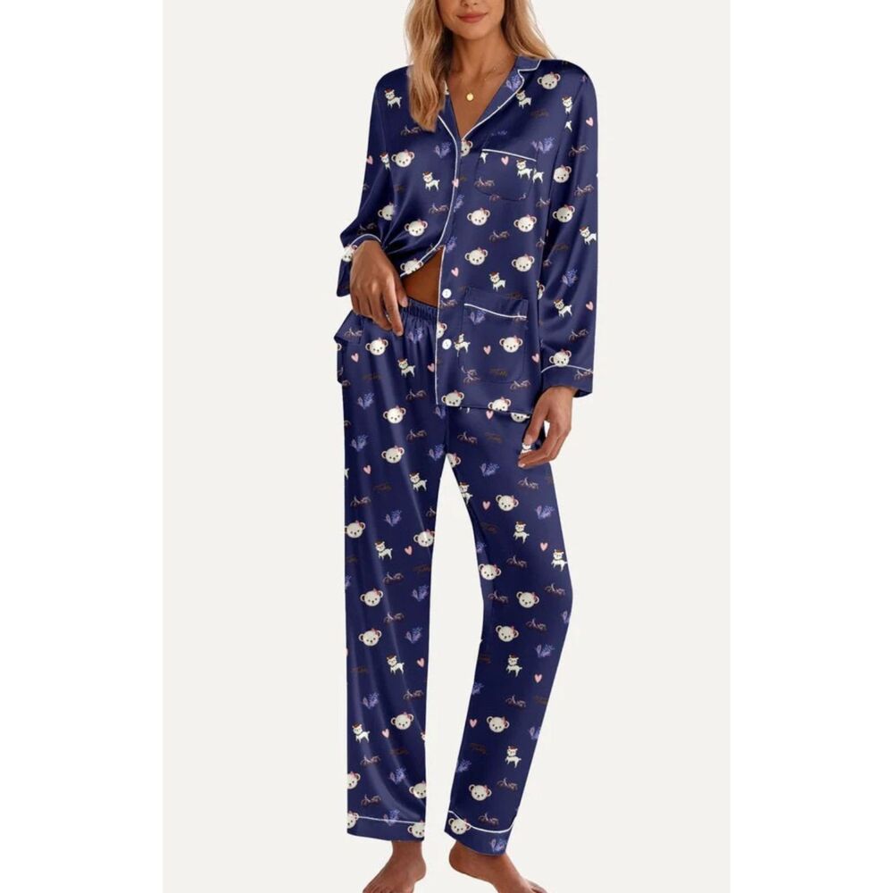 EKOUAER Satin Pajama Set Teddy Print Navy Small NEW NWT